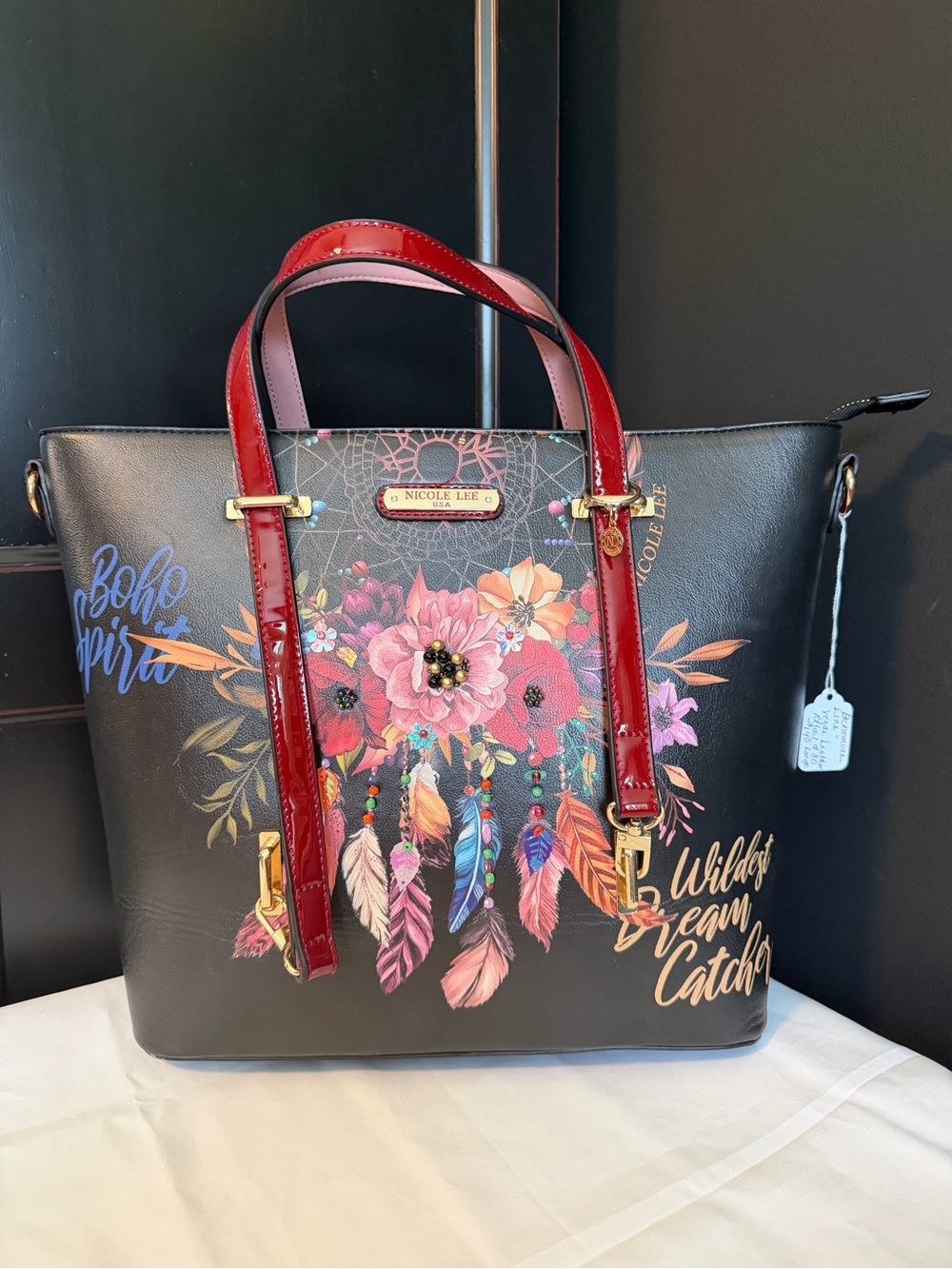 Nicole Lee Black Tote with Red Patent Handles and BOHO Floral Dreamcatcher. NEW - Picture 2 of 12